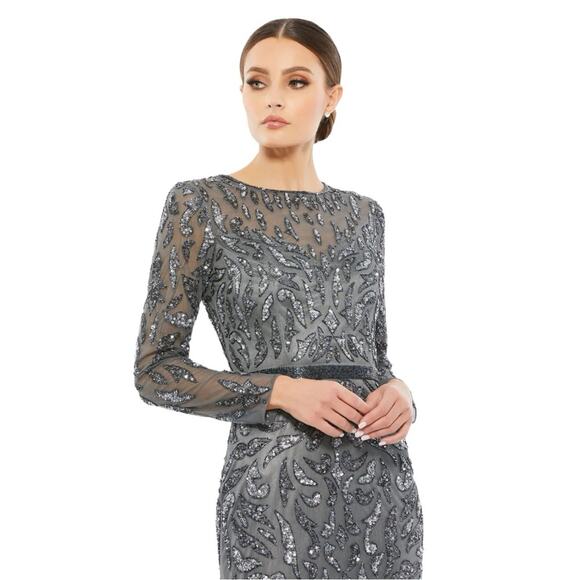 NWT MAC DUGGAL Charcoal Sequin Beaded Long Sleeve Evening Gown Women’s - Picture 2 of 13